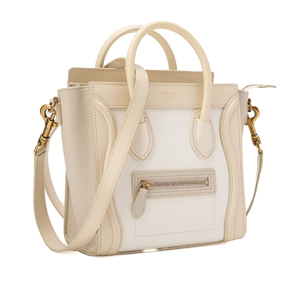 CELINE Luggage 2WAY Micro Handbag Leather Cream Gold-Tone Hardware, Pre-Owned