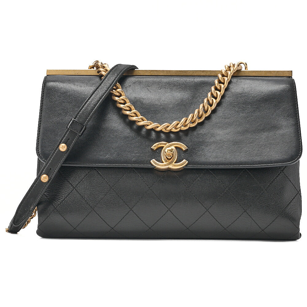 CHANEL Calfskin Matelasse Turn Lock 2-Way Chain Shoulder Black Gold-Tone Hardware, Pre-Owned