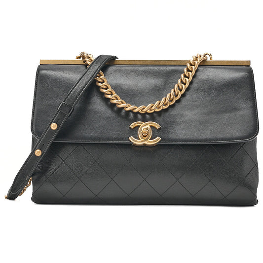 CHANEL Calfskin Matelasse Turn Lock 2-Way Chain Shoulder Black Gold-Tone Hardware, Pre-Owned