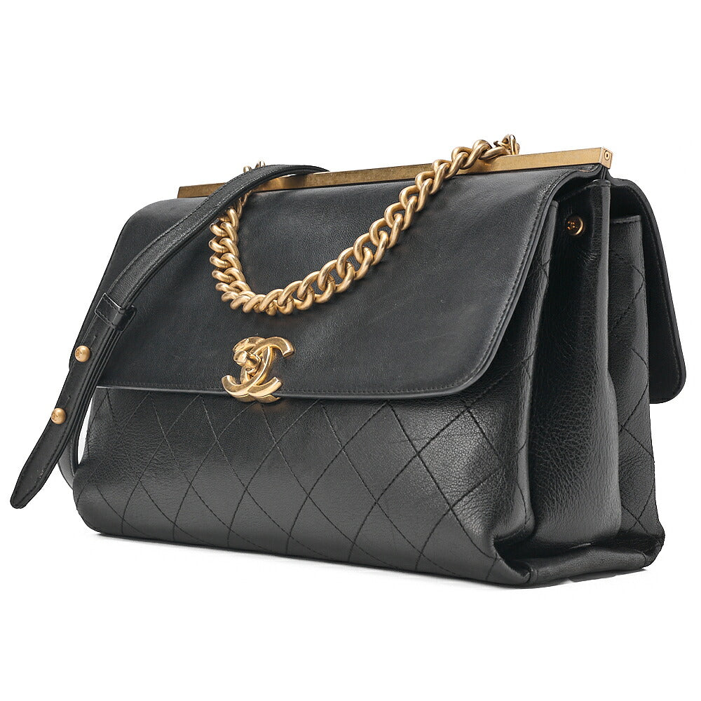 CHANEL Calfskin Matelasse Turn Lock 2-Way Chain Shoulder Black Gold-Tone Hardware, Pre-Owned