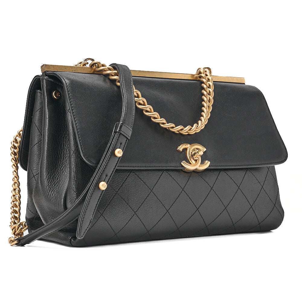 CHANEL Calfskin Matelasse Turn Lock 2-Way Chain Shoulder Black Gold-Tone Hardware, Pre-Owned