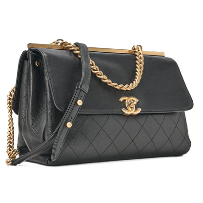 CHANEL Calfskin Matelasse Turn Lock 2-Way Chain Shoulder Black Gold-Tone Hardware, Pre-Owned