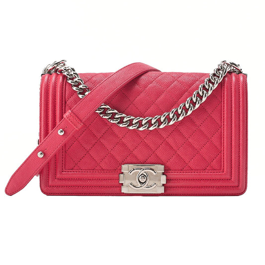 CHANEL Boy Chanel Matelasse Chain Shoulder Caviar Skin Rose Pink (Silver -Tone Hardware, Pre-Owned