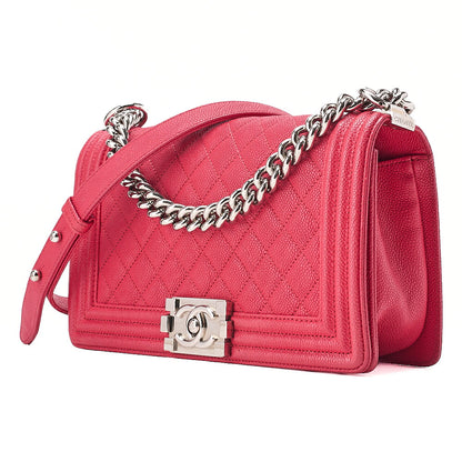 CHANEL Boy Chanel Matelasse Chain Shoulder Caviar Skin Rose Pink (Silver -Tone Hardware, Pre-Owned
