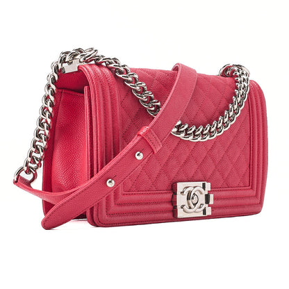 CHANEL Boy Chanel Matelasse Chain Shoulder Caviar Skin Rose Pink (Silver -Tone Hardware, Pre-Owned