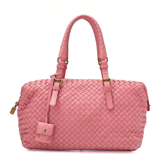 BOTTEGA VENETA Bottega Lambskin Intrecciato Boston Handbag Pink Gold-Tone Hardware, Pre-Owned