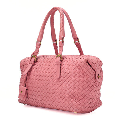 BOTTEGA VENETA Bottega Lambskin Intrecciato Boston Handbag Pink Gold-Tone Hardware, Pre-Owned