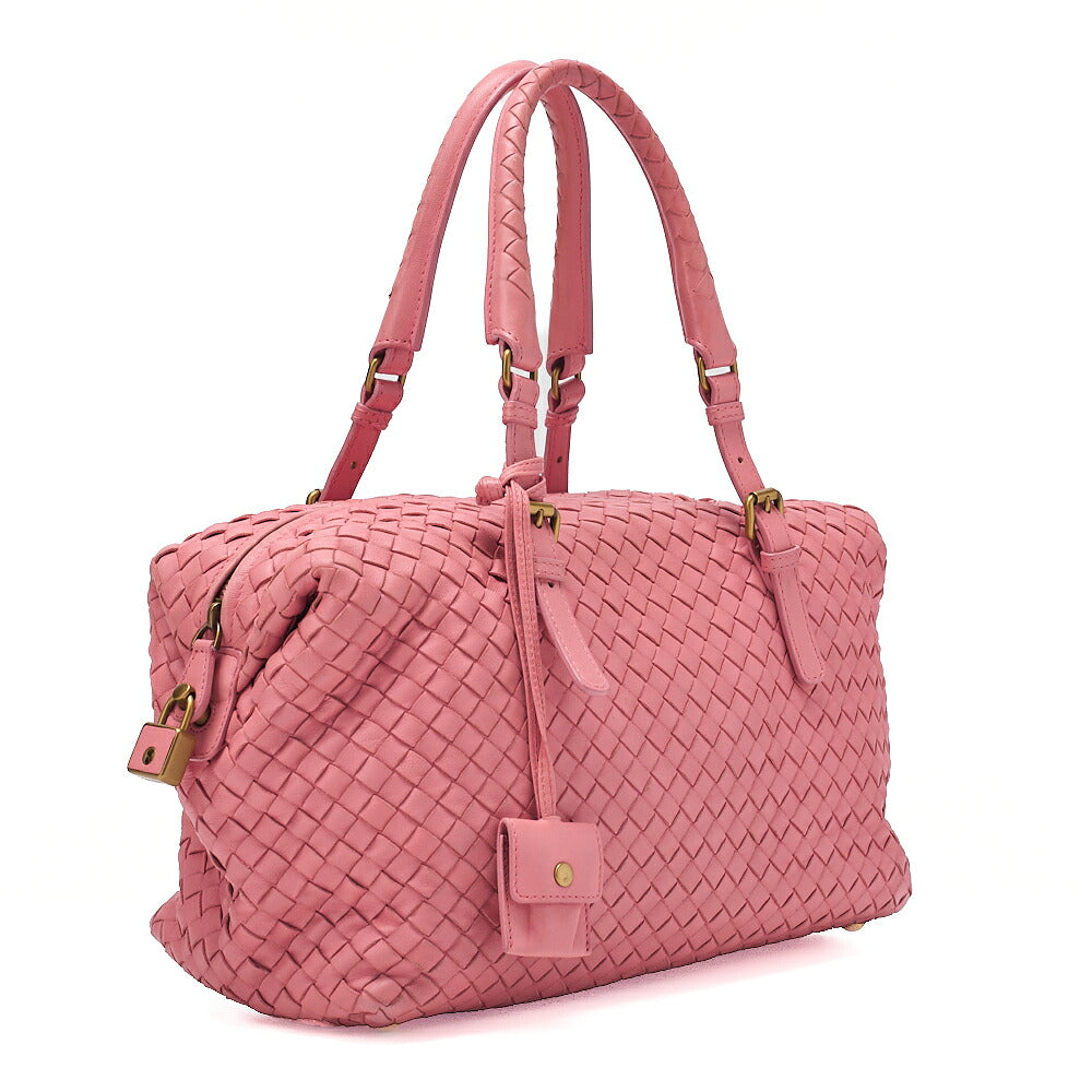 BOTTEGA VENETA Bottega Lambskin Intrecciato Boston Handbag Pink Gold-Tone Hardware, Pre-Owned