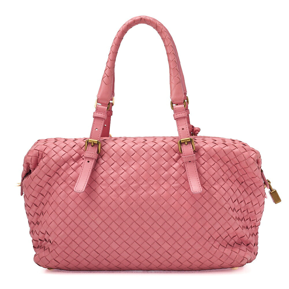 BOTTEGA VENETA Bottega Lambskin Intrecciato Boston Handbag Pink Gold-Tone Hardware, Pre-Owned