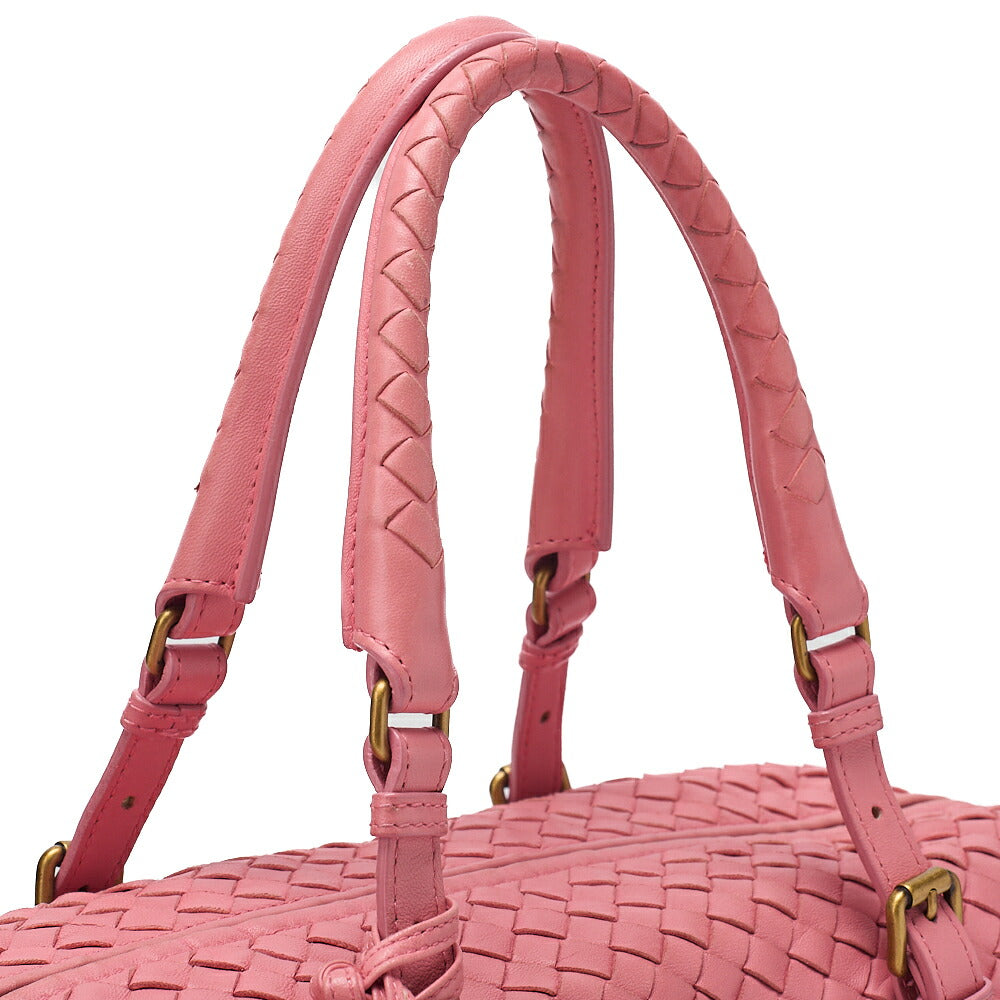 BOTTEGA VENETA Bottega Lambskin Intrecciato Boston Handbag Pink Gold-Tone Hardware, Pre-Owned