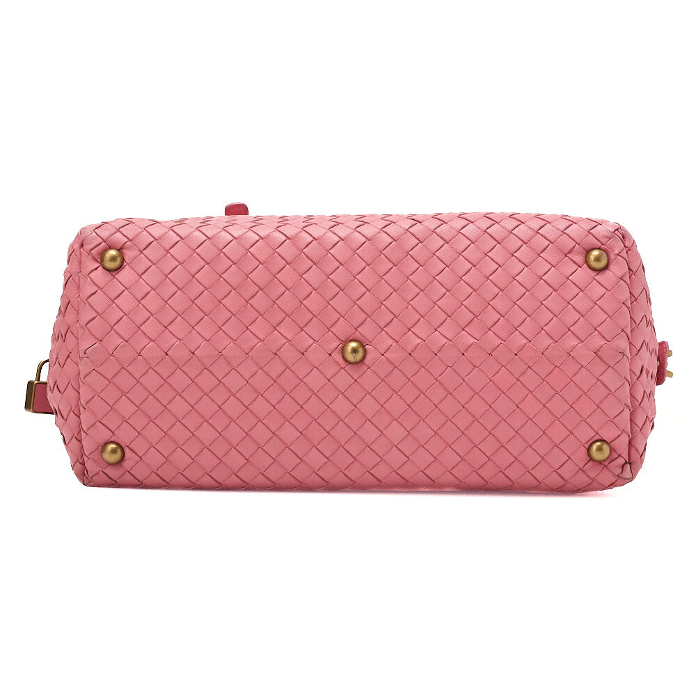 BOTTEGA VENETA Bottega Lambskin Intrecciato Boston Handbag Pink Gold-Tone Hardware, Pre-Owned