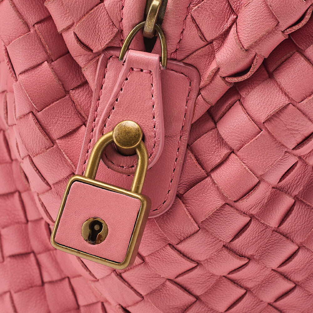 BOTTEGA VENETA Bottega Lambskin Intrecciato Boston Handbag Pink Gold-Tone Hardware, Pre-Owned