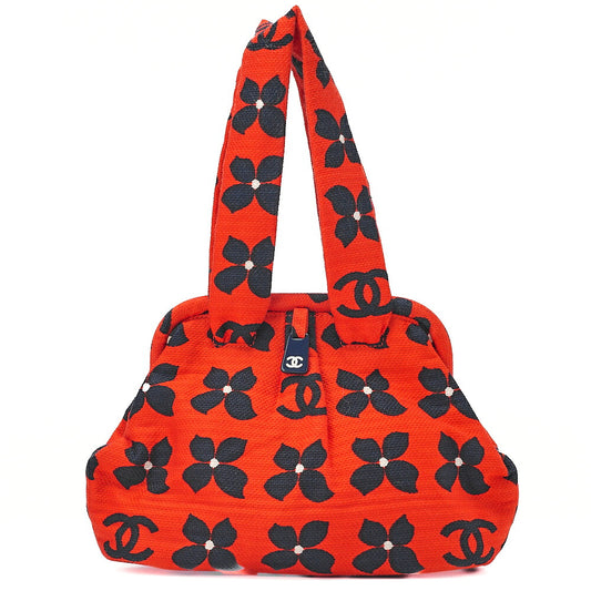 CHANEL Canvas Clasp Four-Leaf Design Handbag Red x Black Silver-Tone Hardware, Pre-Owned