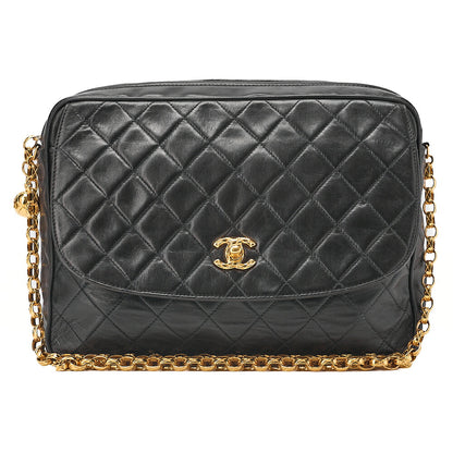 CHANEL Lambskin Matelasse Round Flap Coco Mark Bijou Chain Shoulder Black Gold-Tone Hardware, Pre-Owned