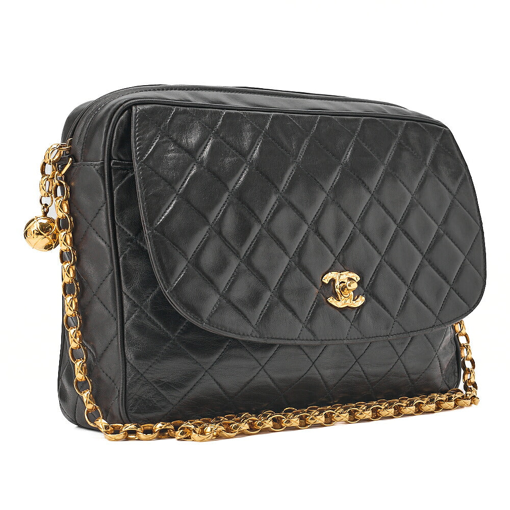 CHANEL Lambskin Matelasse Round Flap Coco Mark Bijou Chain Shoulder Black Gold-Tone Hardware, Pre-Owned
