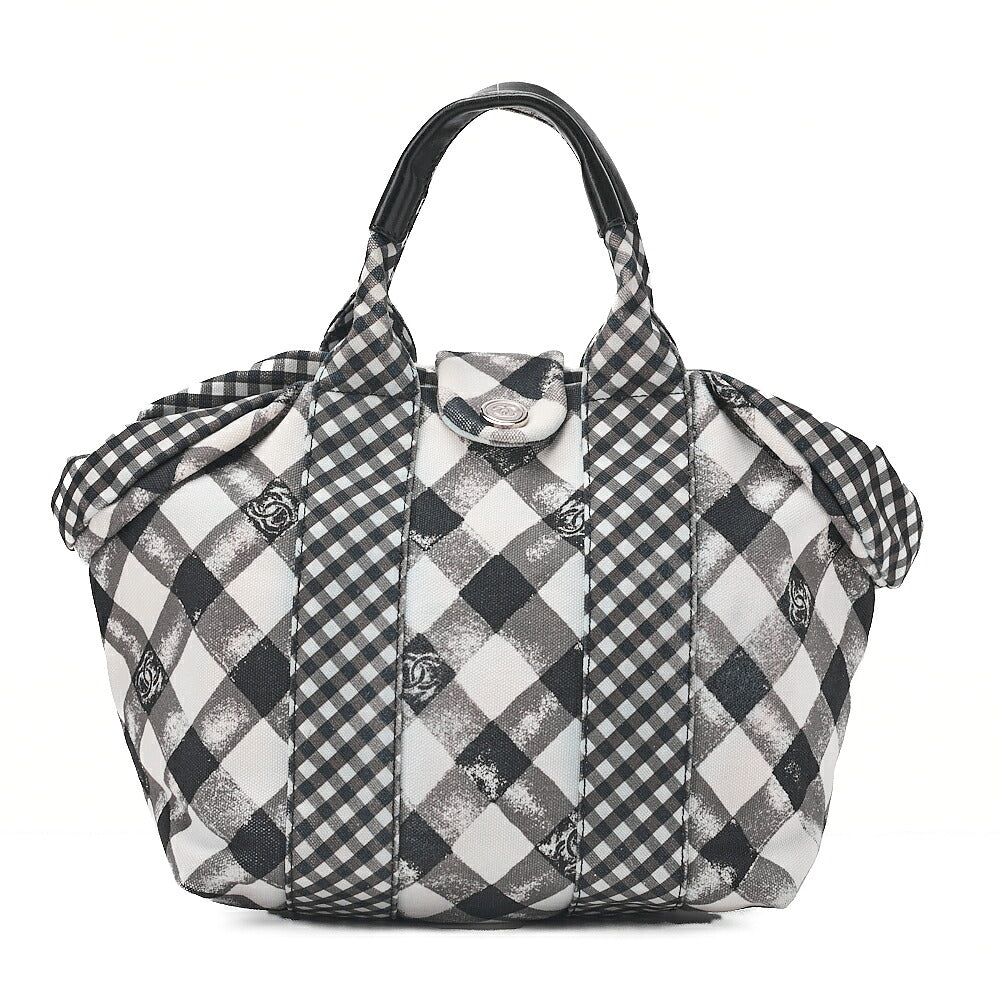 CHANEL Canvas x Lamb Gingham Check Handbag Black x White Silver-Tone Hardware, Pre-Owned