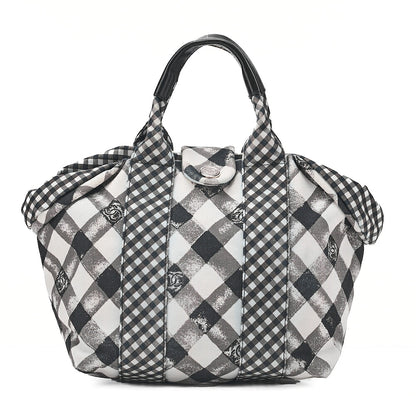 CHANEL Canvas x Lamb Gingham Check Handbag Black x White Silver-Tone Hardware, Pre-Owned