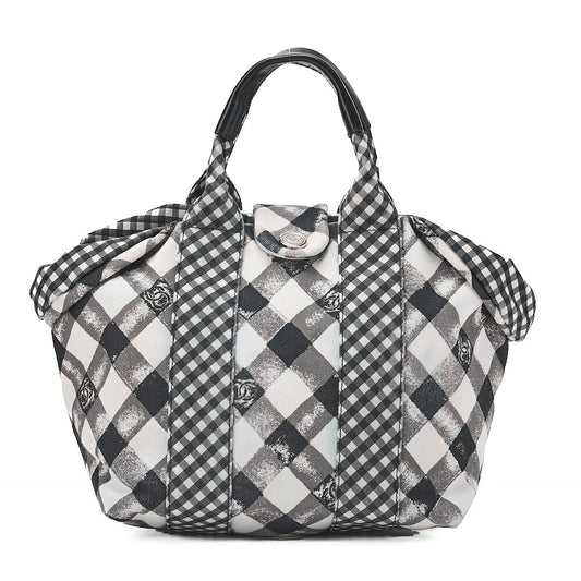 CHANEL Canvas x Lamb Gingham Check Handbag Black x White Silver-Tone Hardware, Pre-Owned