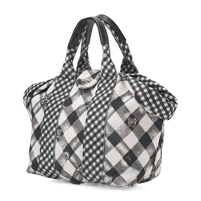 CHANEL Canvas x Lamb Gingham Check Handbag Black x White Silver-Tone Hardware, Pre-Owned