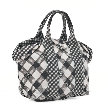 CHANEL Canvas x Lamb Gingham Check Handbag Black x White Silver-Tone Hardware, Pre-Owned
