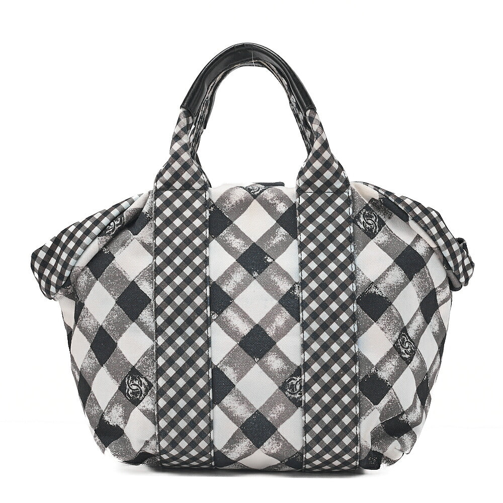 CHANEL Canvas x Lamb Gingham Check Handbag Black x White Silver-Tone Hardware, Pre-Owned