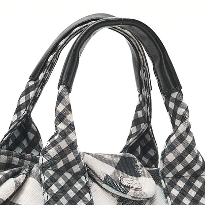 CHANEL Canvas x Lamb Gingham Check Handbag Black x White Silver-Tone Hardware, Pre-Owned