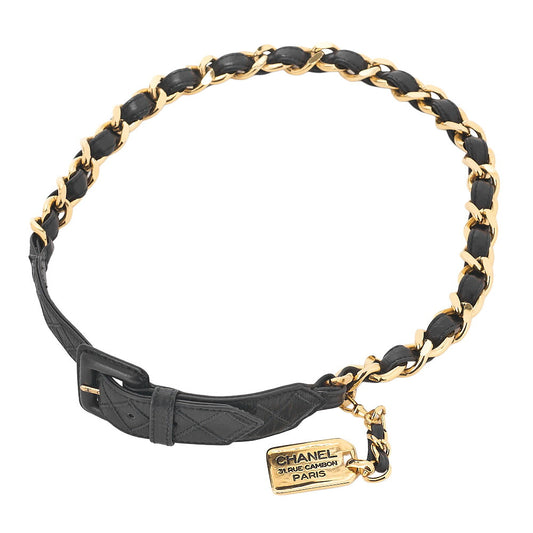 CHANEL 31 RUE CAMBON Belt 75 Leather x GP Gold Black x Gold-Tone Hardware, Pre-Owned