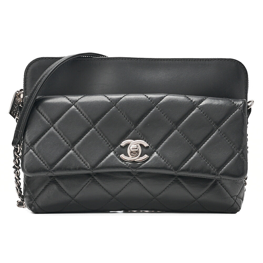 CHANEL Lambskin Matelasse Turn Lock Chain Shoulder Black Silver-Tone Hardware, Pre-Owned