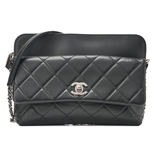 CHANEL Lambskin Matelasse Turn Lock Chain Shoulder Black Silver-Tone Hardware, Pre-Owned