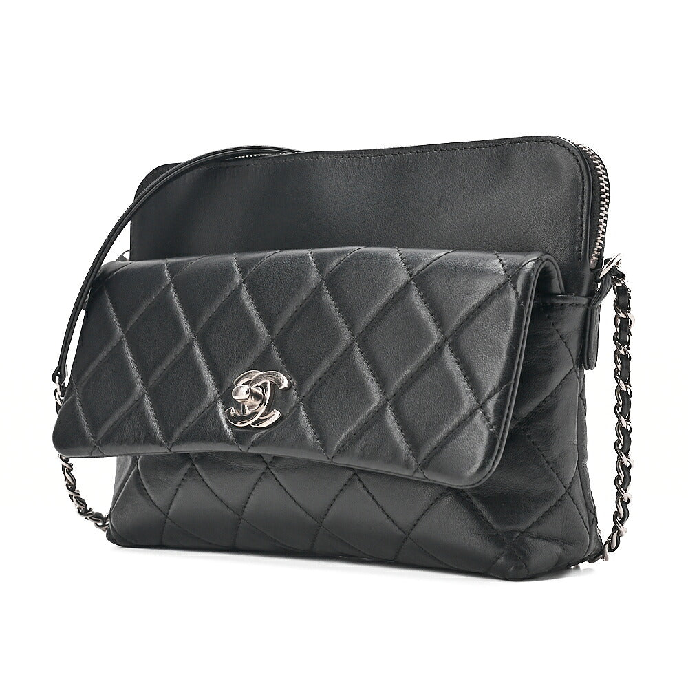 CHANEL Lambskin Matelasse Turn Lock Chain Shoulder Black Silver-Tone Hardware, Pre-Owned