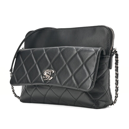 CHANEL Lambskin Matelasse Turn Lock Chain Shoulder Black Silver-Tone Hardware, Pre-Owned