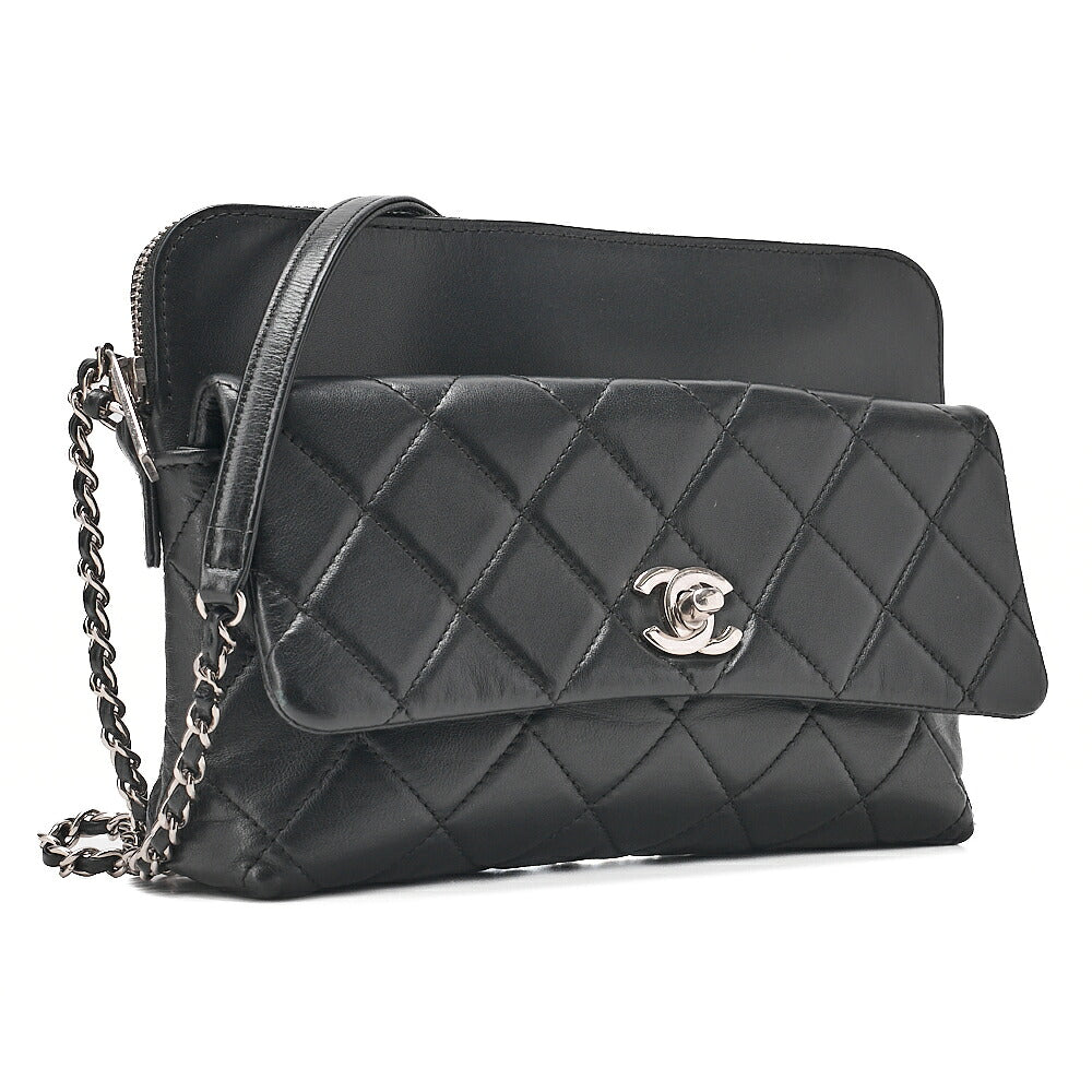 CHANEL Lambskin Matelasse Turn Lock Chain Shoulder Black Silver-Tone Hardware, Pre-Owned