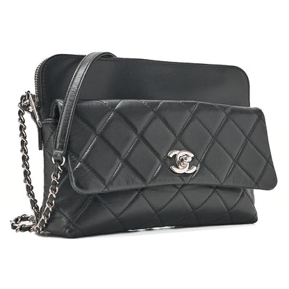 CHANEL Lambskin Matelasse Turn Lock Chain Shoulder Black Silver-Tone Hardware, Pre-Owned
