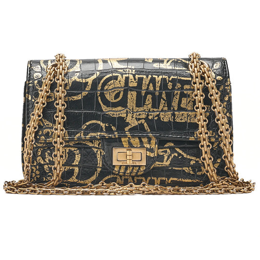 CHANEL Lambskin Graffiti 2.55 Lock 2.55 Chain Shoulder Black x Gold Gold-Tone Hardware, Pre-Owned
