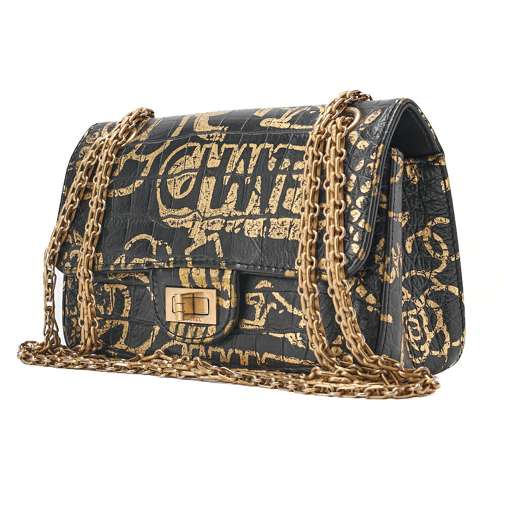 CHANEL Lambskin Graffiti 2.55 Lock 2.55 Chain Shoulder Black x Gold Gold-Tone Hardware, Pre-Owned