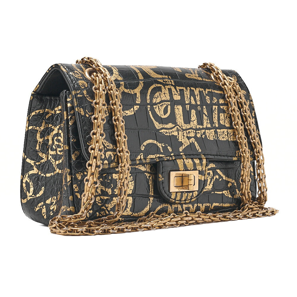 CHANEL Lambskin Graffiti 2.55 Lock 2.55 Chain Shoulder Black x Gold Gold-Tone Hardware, Pre-Owned
