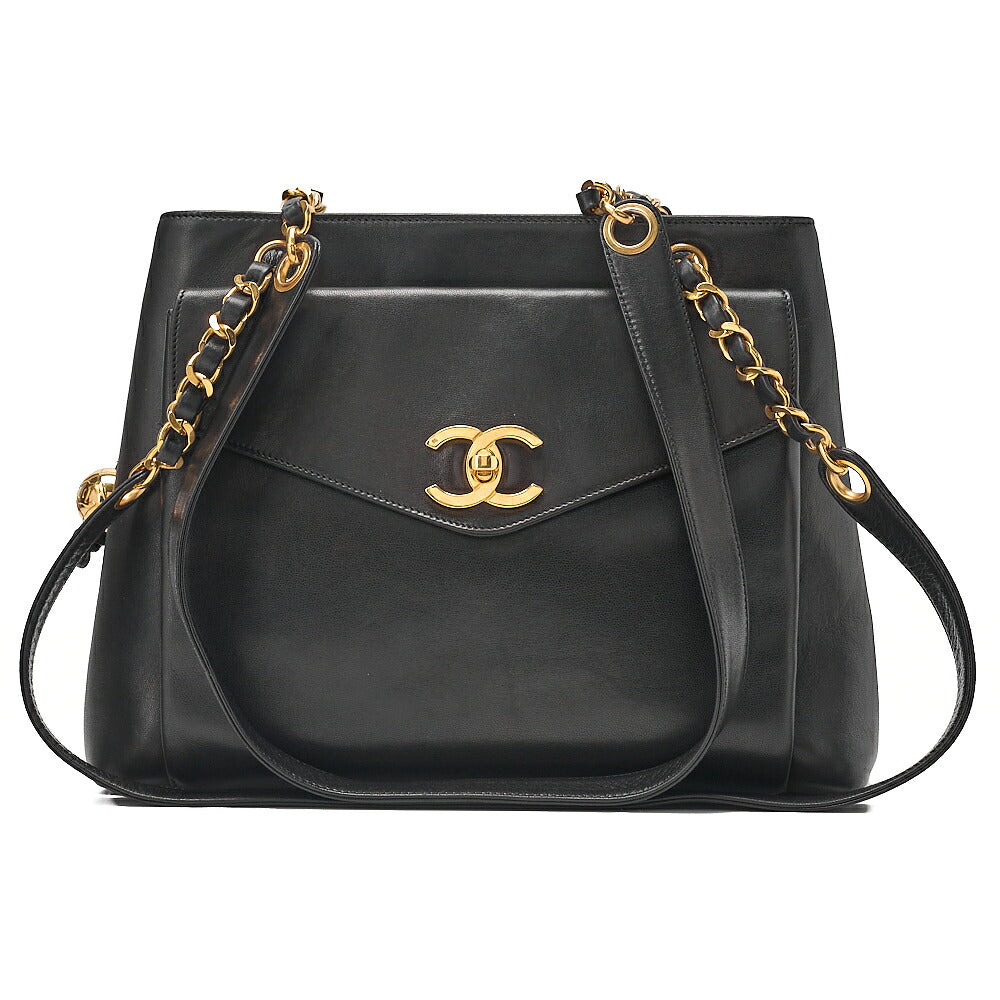 CHANEL Lambskin Ball Charm Coco Mark Turn Lock Chain Shoulder Black Gold-Tone Hardware, Pre-Owned