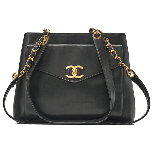 CHANEL Lambskin Ball Charm Coco Mark Turn Lock Chain Shoulder Black Gold-Tone Hardware, Pre-Owned
