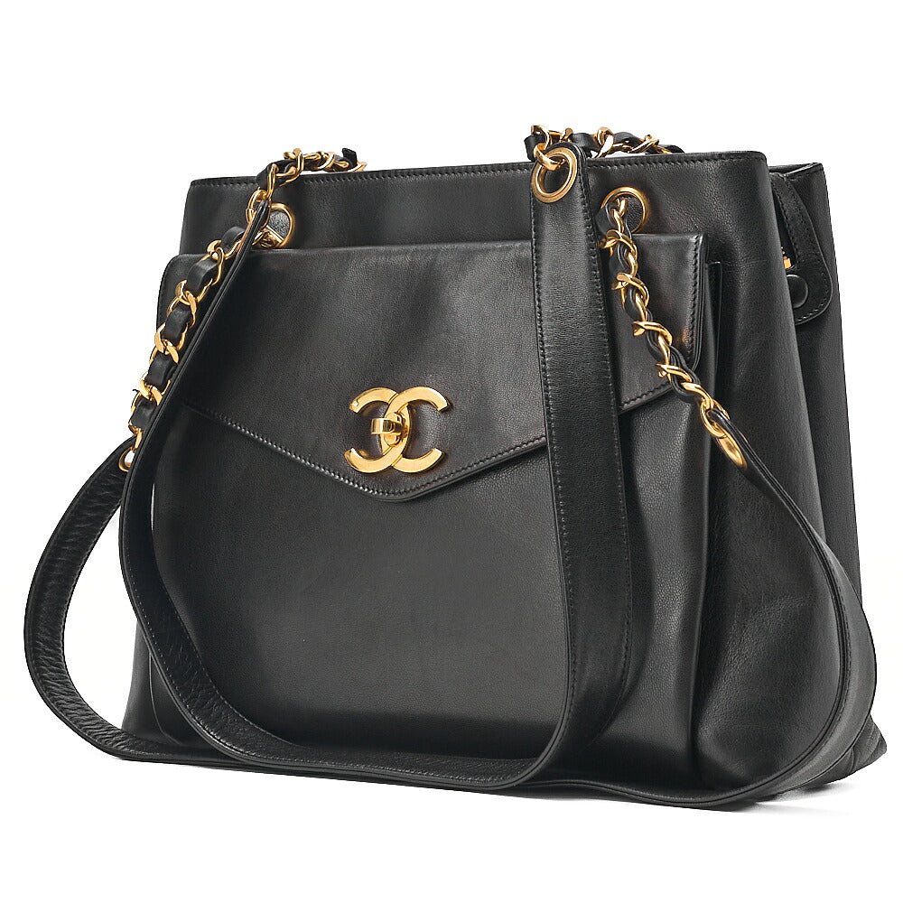 CHANEL Lambskin Ball Charm Coco Mark Turn Lock Chain Shoulder Black Gold-Tone Hardware, Pre-Owned