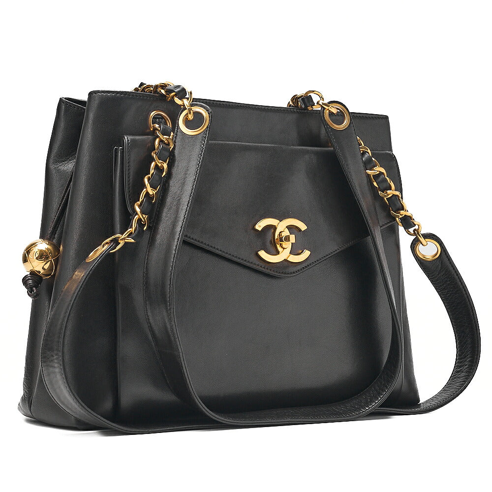 CHANEL Lambskin Ball Charm Coco Mark Turn Lock Chain Shoulder Black Gold-Tone Hardware, Pre-Owned