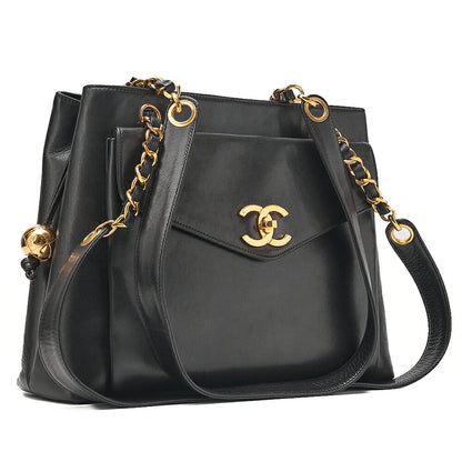 CHANEL Lambskin Ball Charm Coco Mark Turn Lock Chain Shoulder Black Gold-Tone Hardware, Pre-Owned