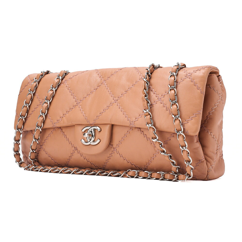 CHANEL Lambskin Wild Stitch Single Flap Chain Shoulder Bag Beige Silver-Tone Hardware, Pre-Owned