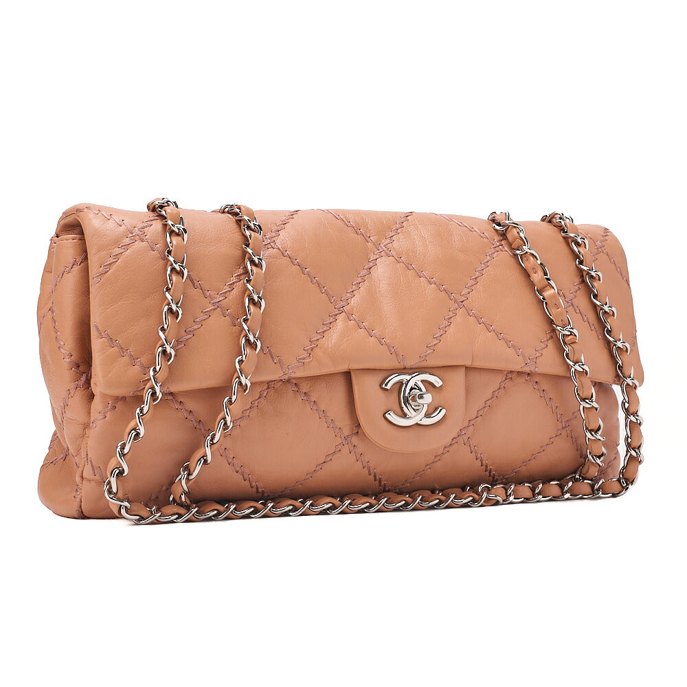 CHANEL Lambskin Wild Stitch Single Flap Chain Shoulder Bag Beige Silver-Tone Hardware, Pre-Owned