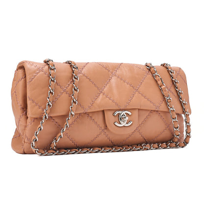 CHANEL Lambskin Wild Stitch Single Flap Chain Shoulder Bag Beige Silver-Tone Hardware, Pre-Owned