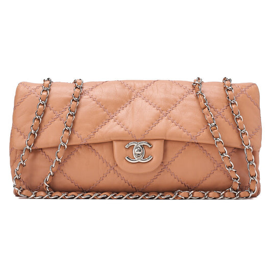 CHANEL Lambskin Wild Stitch Single Flap Chain Shoulder Bag Beige Silver-Tone Hardware, Pre-Owned