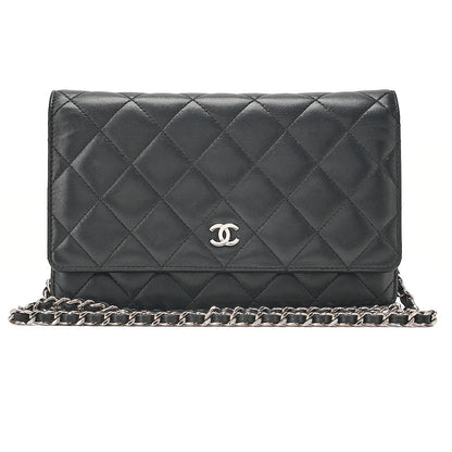 CHANEL Matelasse Chain Wallet Lambskin Black Silver-Tone Hardware, Pre-Owned