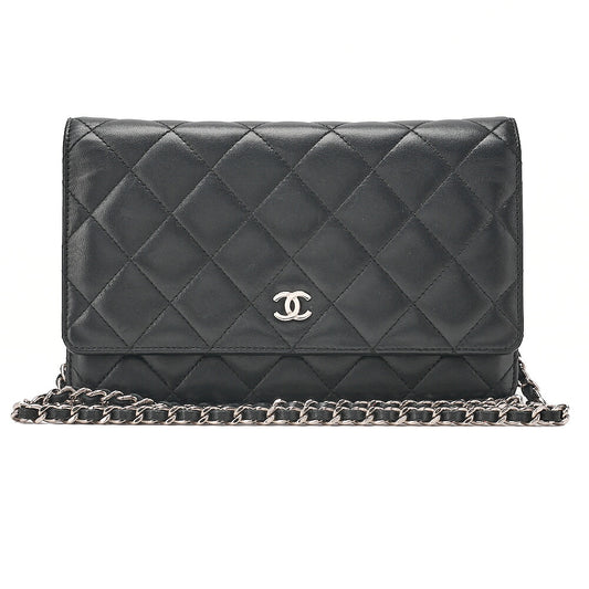 CHANEL Matelasse Chain Wallet Lambskin Black Silver-Tone Hardware, Pre-Owned