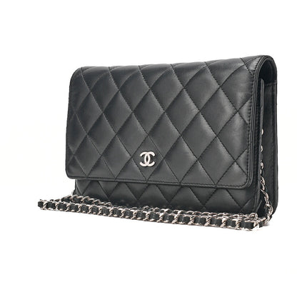 CHANEL Matelasse Chain Wallet Lambskin Black Silver-Tone Hardware, Pre-Owned