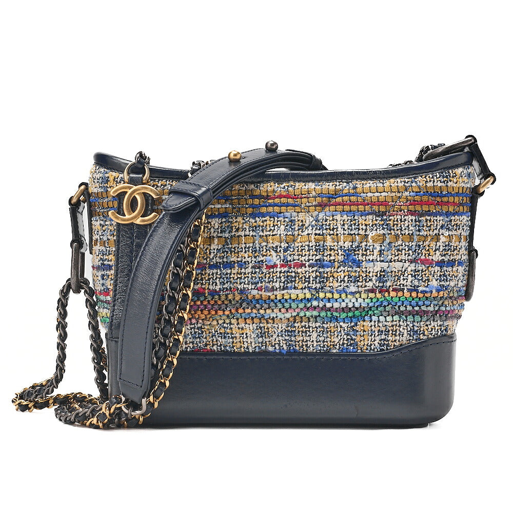 CHANEL Calfskin x Tweed Mini Gabrielle de Chanel Chain Shoulder Multicolor X Navy Gold x Silver-Tone Hardware, Pre-Owned