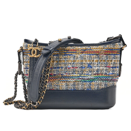 CHANEL Calfskin x Tweed Mini Gabrielle de Chanel Chain Shoulder Multicolor X Navy Gold x Silver-Tone Hardware, Pre-Owned